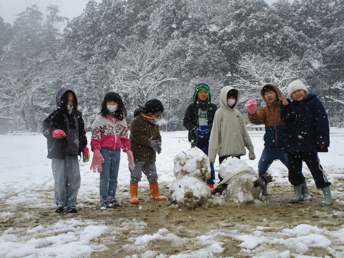 雪だるまといっしょにピース！
